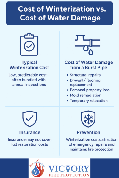 Cost of Sprinkler System Winterization vs. Cost of Water Damage infographic